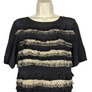 Tory Burch Beaded Silk Dress Tiered Sheath Black Tan Short Sleeve Heavy - 6